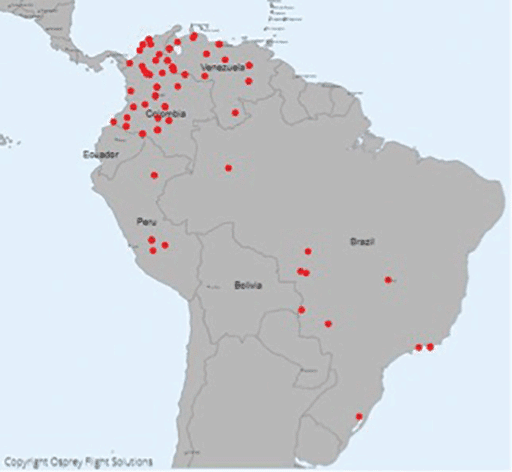 Data provided by Osprey Flight Solutions depicts 135 incidents of aerial anti-narcotics patrol activity and air-supported security operations over Venezuela, Colombia, Brazil and Peru during 2018.