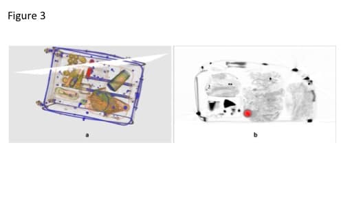 Figure 3: A bag scanned with a 3D imaging system for CBS. a) 3D rotatable image b) Cross-sectional image. Red colour indicates areas in the bag that might contain explosives. Images from CASRA’s 3D training simulator for CBS - X-ray Tutor Version 4 [XRT4].
