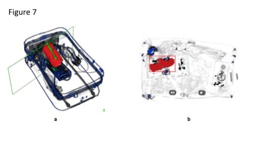 Figure 7: Illustration of 3D HBS. a) 3D rotatable image b) Cross-sectional image. Red colour indicates areas in the bag that might contain explosives. 