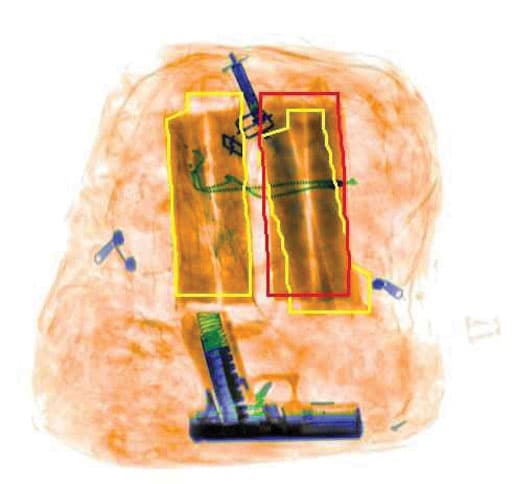 Evolv X-ray image of a backpack containing a suicide device and a Glock 17