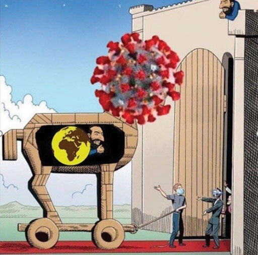 An antisemitic image shared on Telegram on 15 March 2020 The coronavirus is presented as a Trojan horse for globalist Jews  (Credit: ADL)