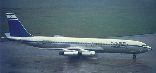 This B-707 was operating as El Al Flight 219 from Tel Aviv to New York on 6 September 1970. At its transit stop in Amsterdam, two hijackers managed to board, one of whom was Leila Khaled. The hijack attempt failed. (Credit: Wikimedia Commons)