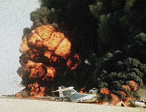 The iconic image of aircraft ablaze at Dawson's Field on 12 September 1970 (Credit: Wikimedia Commons)