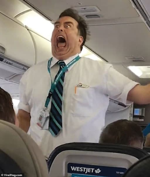 This 4 July 2019 flight safety briefing on a WestJet flight was also a comic routine that went viral     (Credit: Facebook)