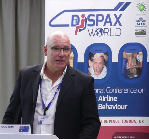 Greg Khan speaking about the attempted hijacking of QF 1737 at DISPAX World in London in September 2019