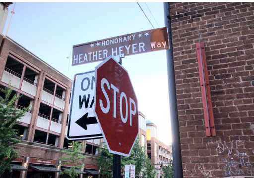 In 2017 a man drove a vehicle into a crowd of anti-white-supremacist protestors, killing protester Heather Heyer and wounding dozens of others. For many Americans it was the first time they had experienced the use of a vehicle as a weapon. Shown here is an honorary street sign in Charlottesville in memory of Heyer.