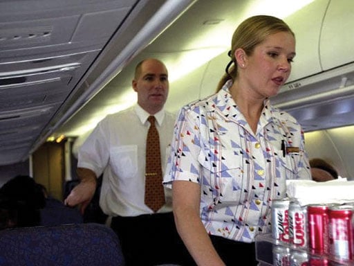 A passenger, David Mark Robinson, suffering from paranoid schizophrenia, attempted to bring down Qantas Flight QF1737 in May 2003. He armed himself with wooden stakes to avoid detection by metal detectors. Robinson got up when the seatbelt sign was turned off and began a frenzied attack on flight purser Greg Khan, shown above, on the left, in an attempt to get into the flight deck. Facebook image.