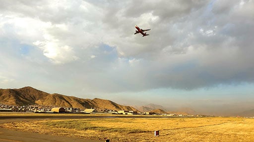 Boeing 737 departing from Hamid Karzai International Airport in Kabul, Afghanistan.