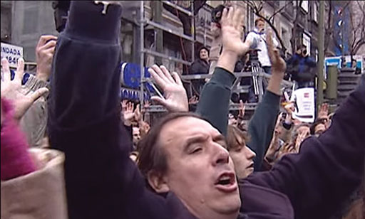 A massive protest of more than 11.4 million people — a quarter of Spain’s population — demonstrated across Spain on March 12, 2004, the day after the bombings. Still images this page from video news report in 11M documentary.