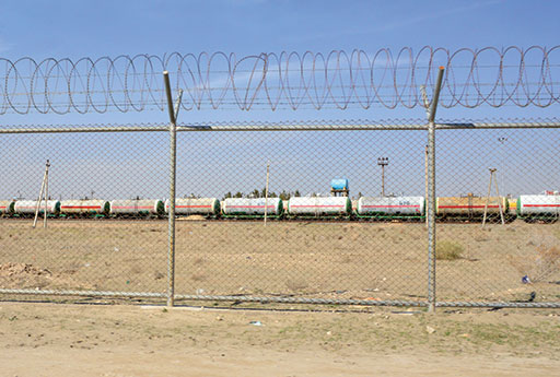 Tank cars shown at Hairatan, Kaldar district, Balkh Province, Afghanistan, one of the major transport, shipping, import/export centers in Afghanistan.