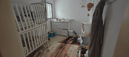 Shown here is a child’s bedroom covered in blood at the Kfar Aza Kibbutz, after the October 7 Hamas attacks.Uploaded image from footage taken by the first responders unit, Kfar Aza, Israel with UploadWizard.