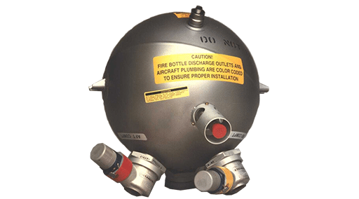 Top: Kidde Technologies, a part of Collins Aerospace, makes a number of fire suppression products aimed at keeping aircraft safe., including this spherical unit.  Kidde Technologies image.